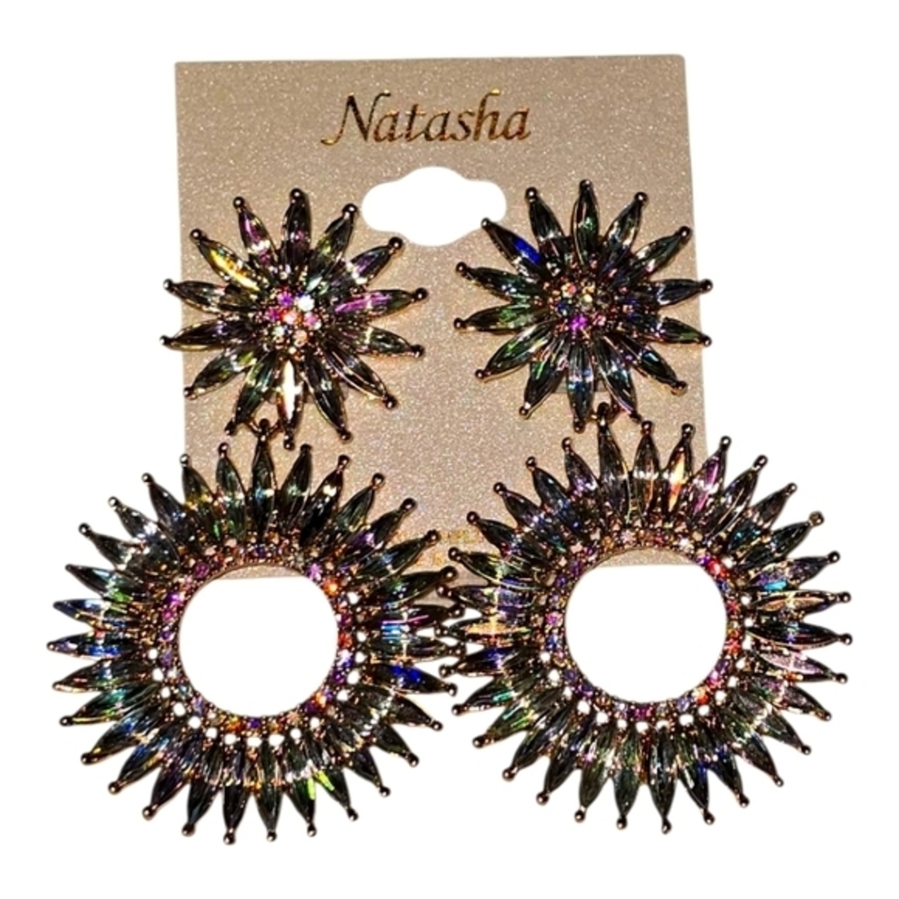 Natasha Iridescent Crystal Sunburst Starburst Drop Statement Earrings Multi